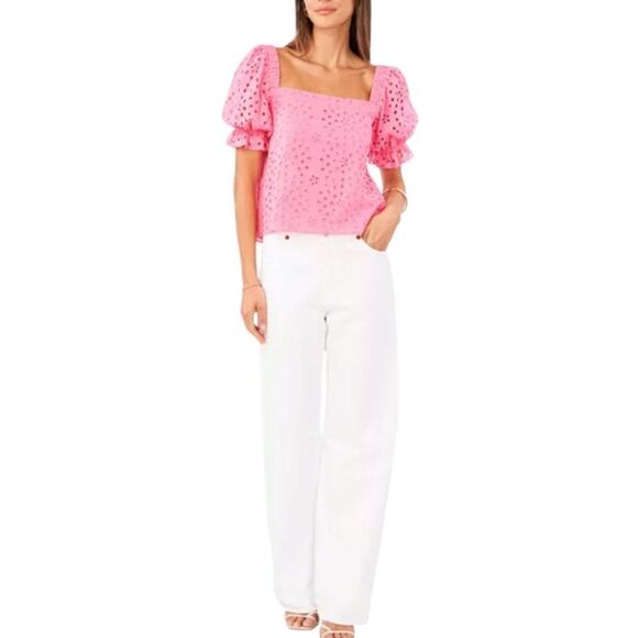 1. State Pink Eyelet Puff-Sleeve Square Neck Top Size Small, NWT - Picture 3 of 6